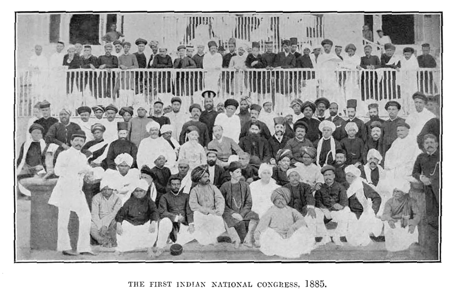 Group photograph of the delegates of the First Indian National Congress Bombay Mumbai 1885.jpg